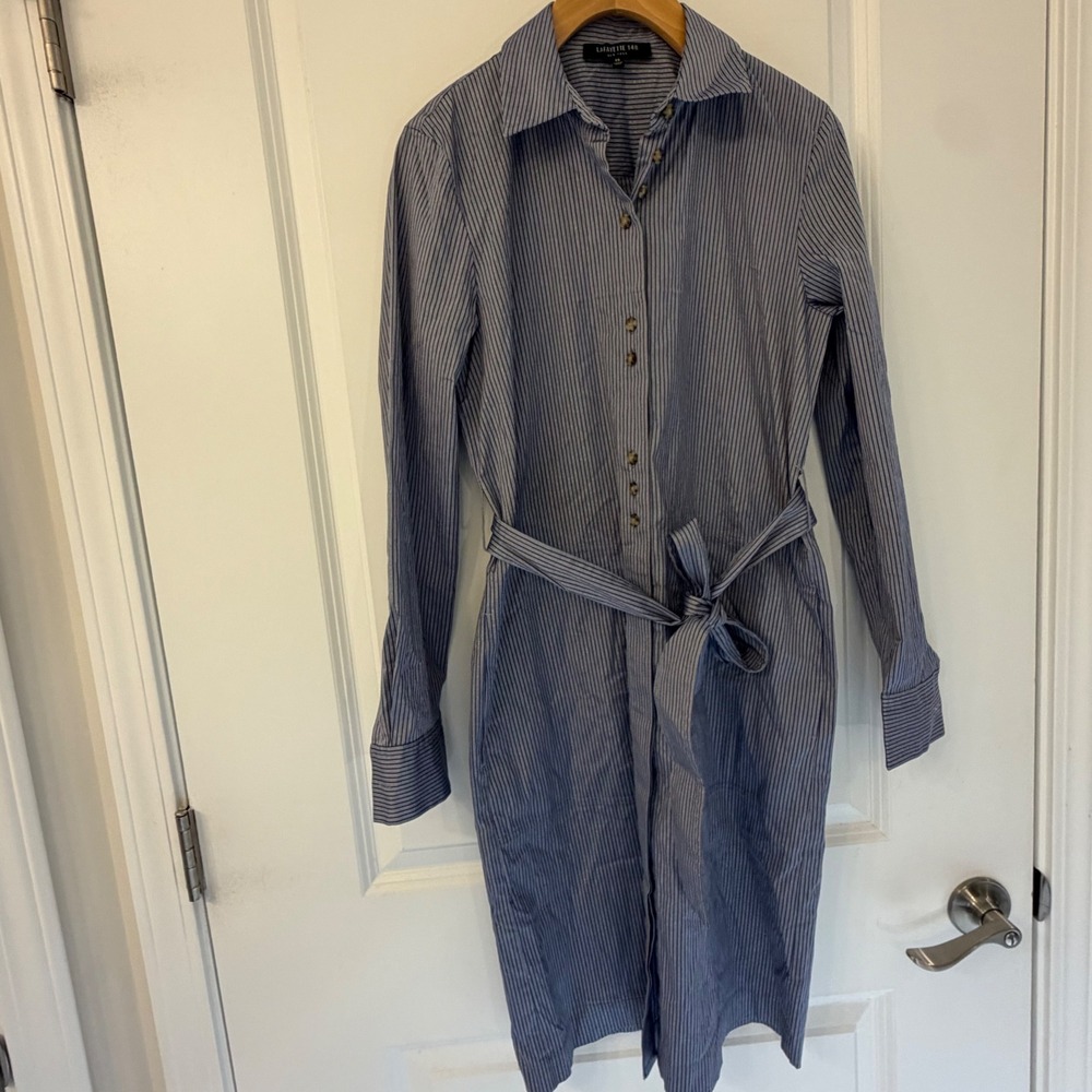 Lafayette 148 New York Blue Striped Belted Shirt Dress XS Metallic FAB#1K53
